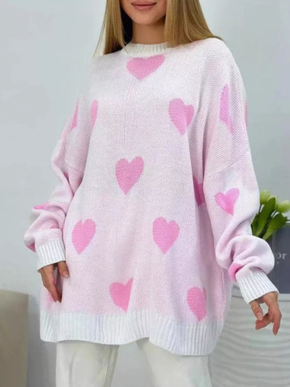 Sarah Express Women's Heart Round Neck Oversized Knit Sweater Pink