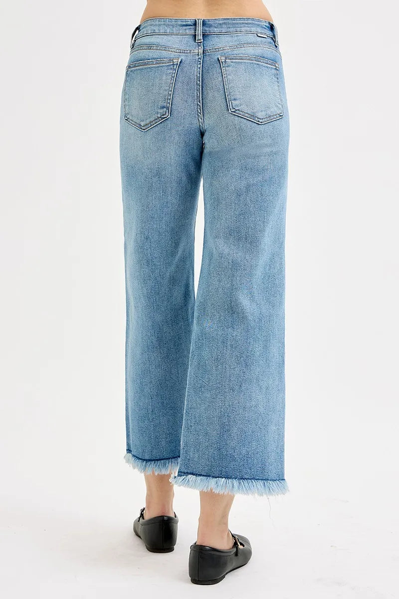 Sarah Express Women’s Plus Size Mid Rise Cropped Wide Leg Jeans with Raw Hem