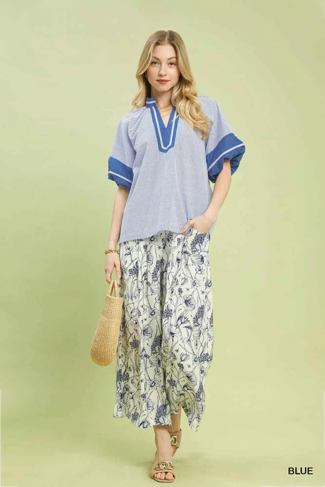 Sarah Express Women's Striped V-Neck Puff Sleeve Blouse - Cotton Blend Flutter Sleeve Top