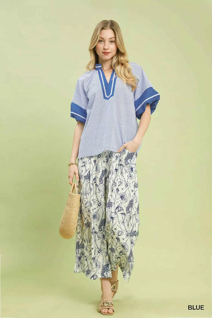 Sarah Express Women's Striped V-Neck Puff Sleeve Blouse - Cotton Blend Flutter Sleeve Top