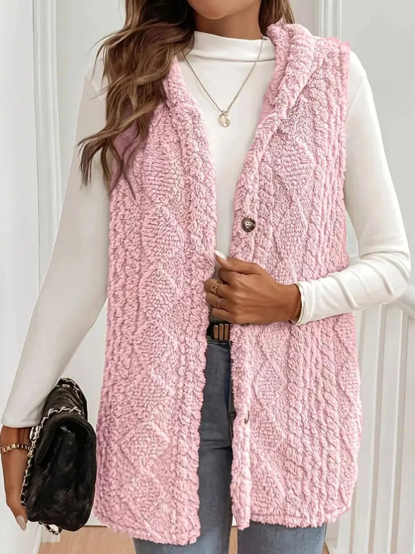 Sarah Express Women's Button-Down Sherpa Hooded Vest Coat