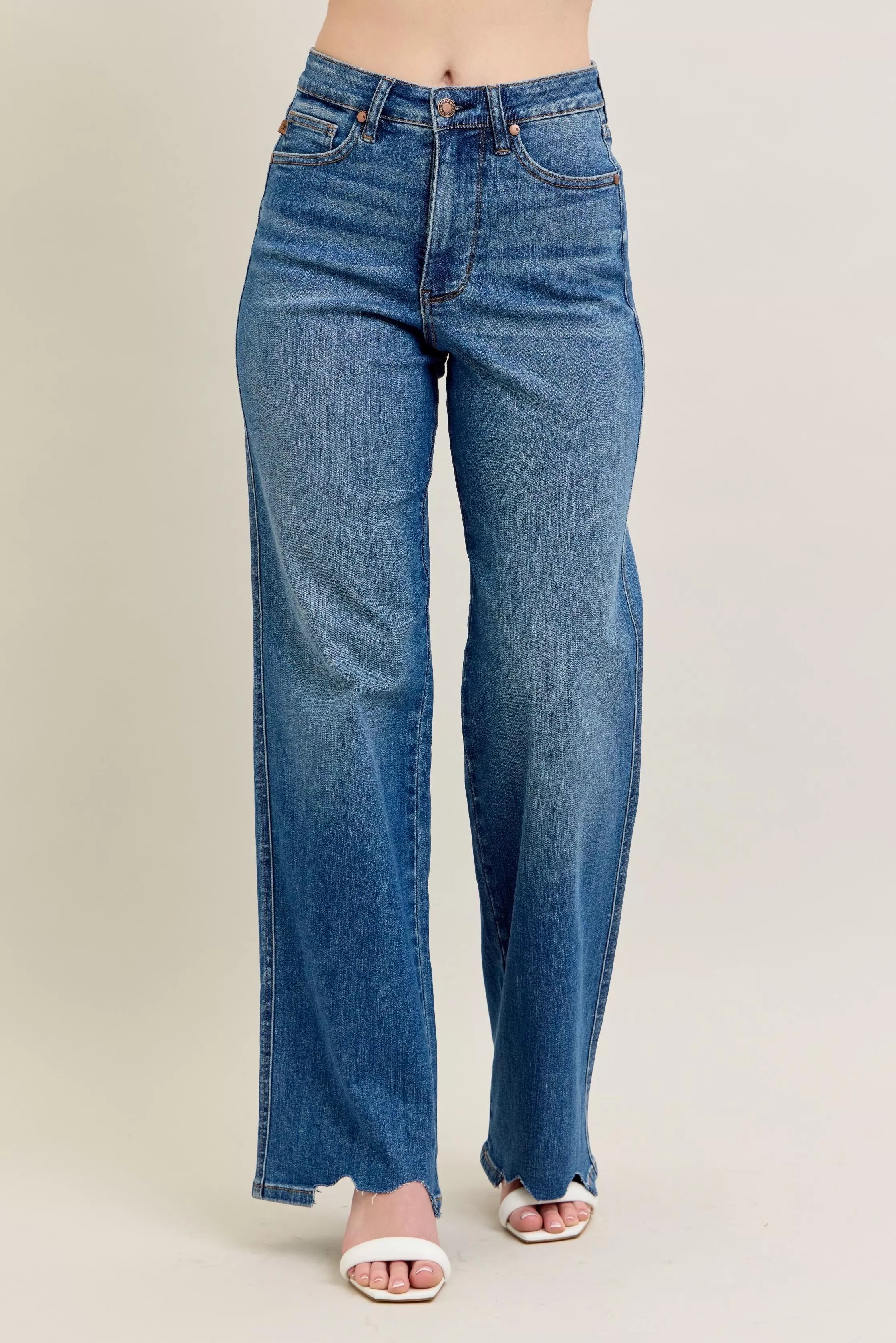 Sarah Express Women’s Plus Size High Rise Tummy Control Destroyed Wide Leg Jeans
