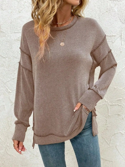 Sarah Express Women's Side Slit Round Neck Dropped Shoulder Sweatshirt Khaki