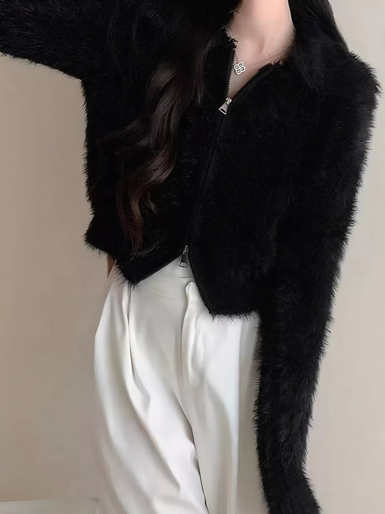 Sarah Express Women's Fluffy Knit Zip-Up Cardigan