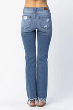 Sarah Express Women’s Plus Size Distressed Mid Rise Straight Jeans
