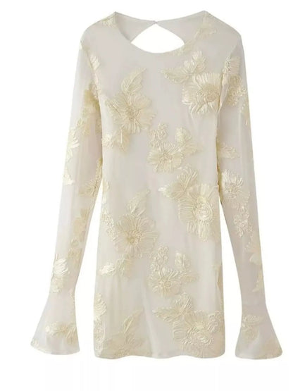 Sarah Express Women's Backless Floral Flounce Sleeve Dress - Romantic Party & Wedding Guest Dress Beige