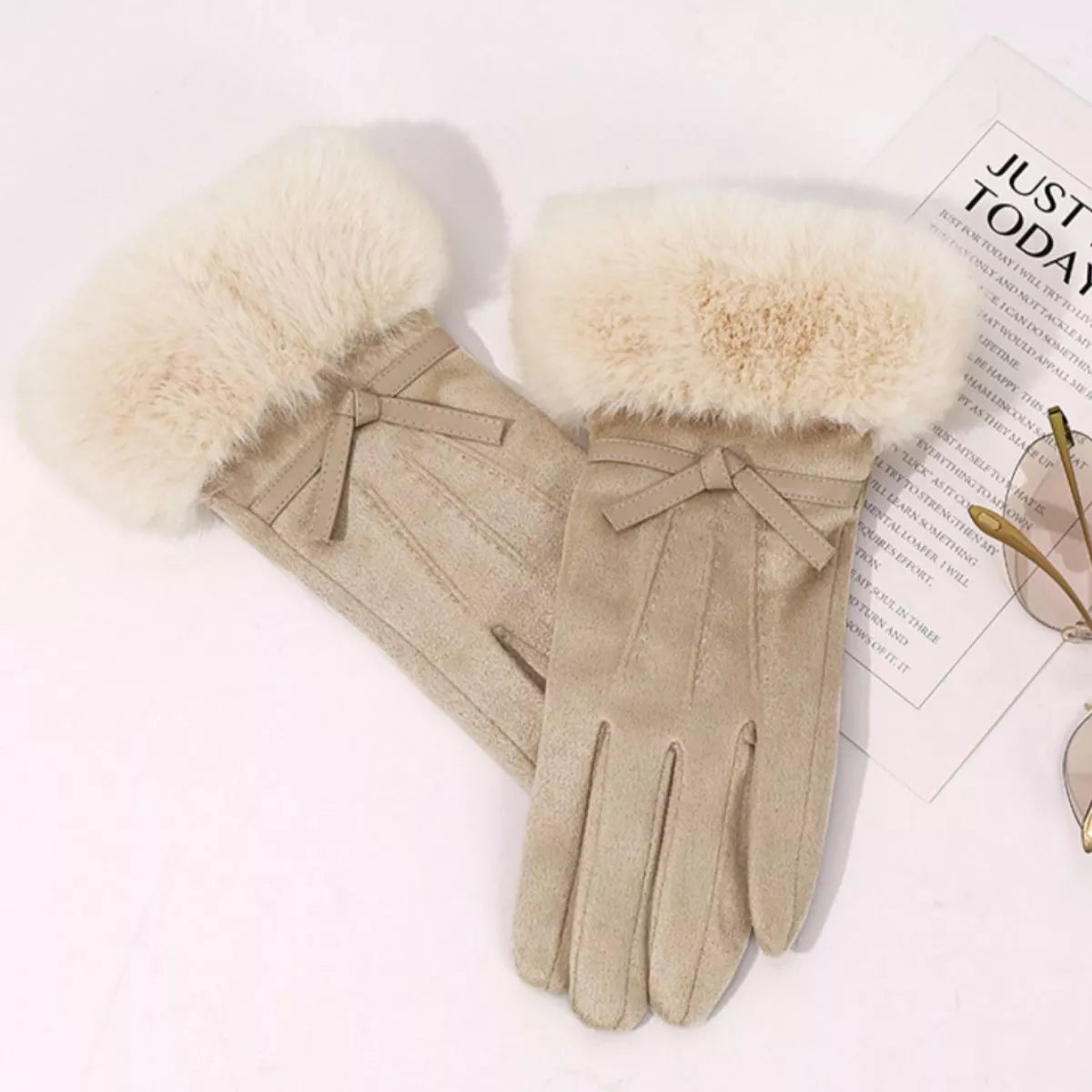 Sarah Express Women's Faux Fur Cuff Suede Gloves Beige One Size