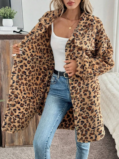 Sarah Express Women's Leopard Print Button Up Long Sleeve Fuzzy Coat