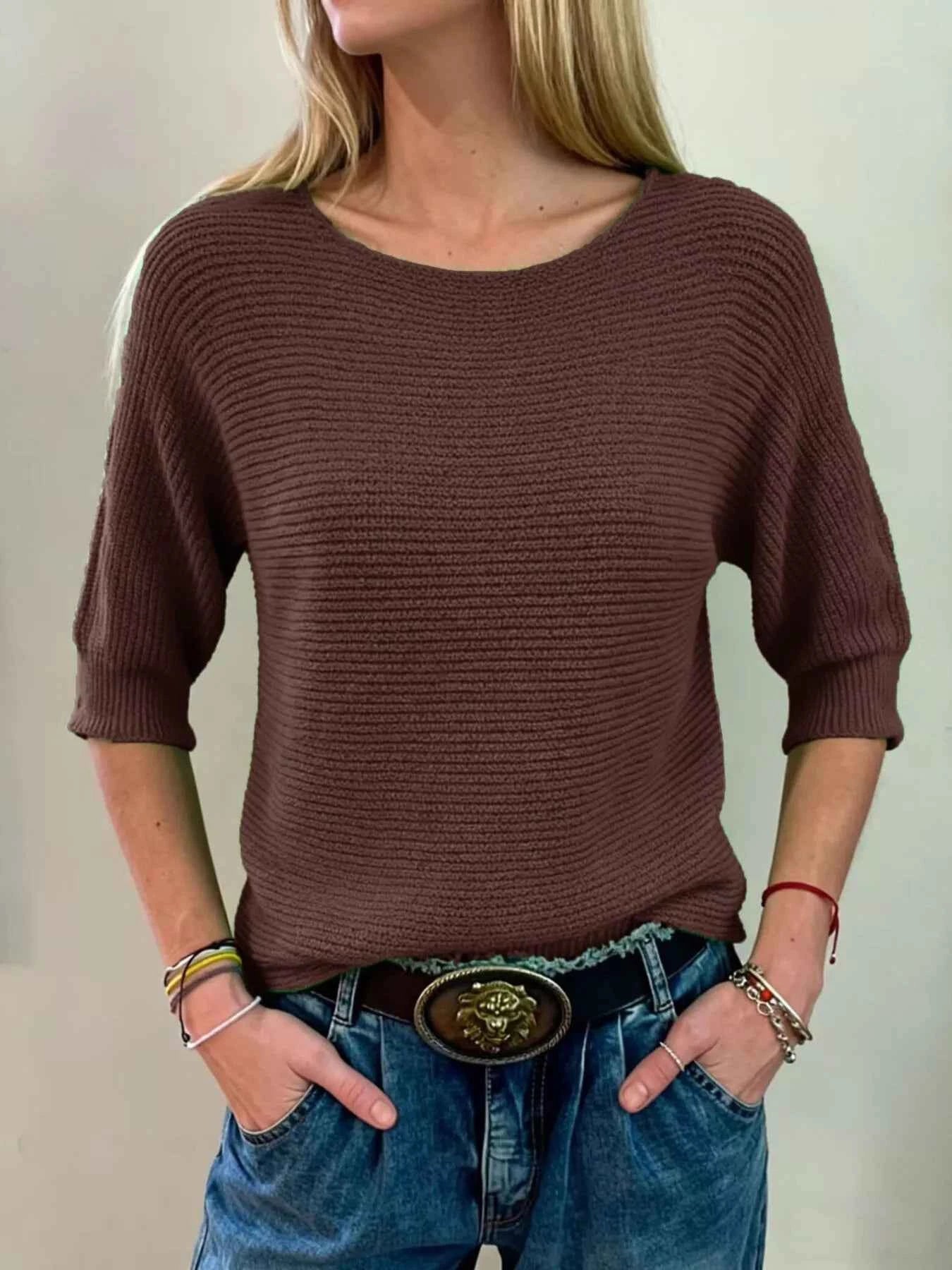 Sarah Express Women's Ribbed Knit Round Neck Sweater - Plus Size Available Coffee Brown