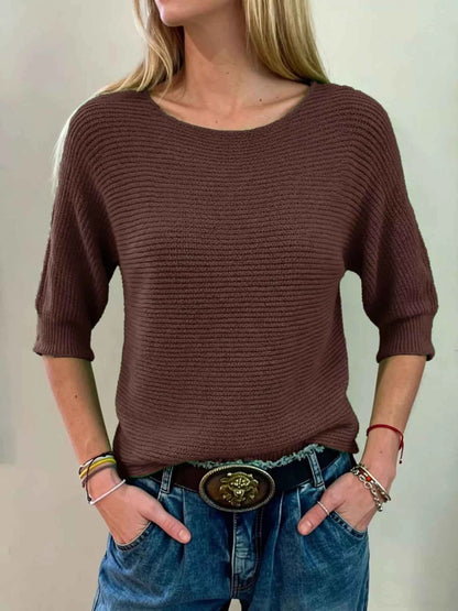 Sarah Express Women's Ribbed Knit Round Neck Sweater - Plus Size Available Coffee Brown