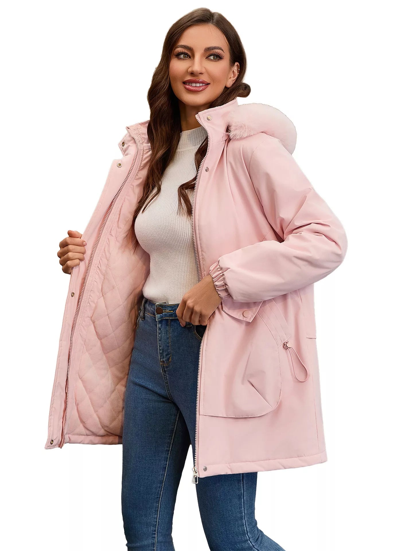 Trendsi Full Size Fur Hooded Warm Winter Parka Outerwear Plus Size Pink