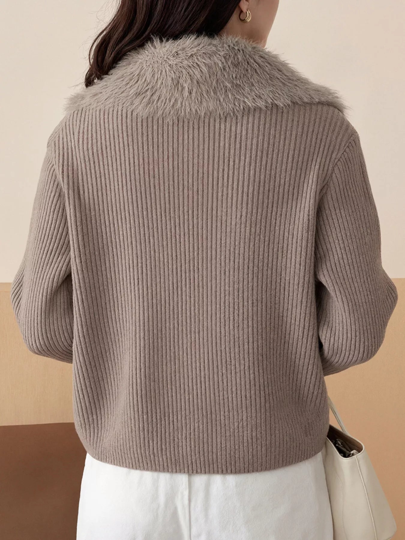 Sarah Express Women's Fluffy Trim Zip-Up Cardigan