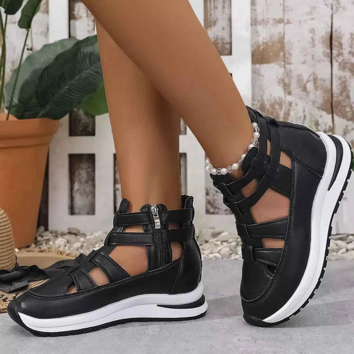 Sarah Express Women's Cutout Platform Sneakers - Trendy Low Heel PU Leather Shoes