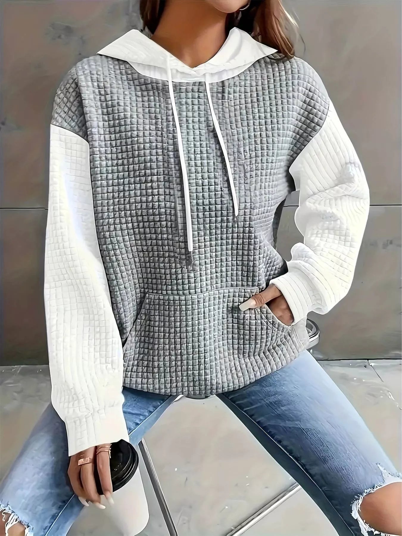 Sarah Express Women's Textured Kangaroo Pocket Hoodie Plus Size Drawstring Sweatshirt White Gary