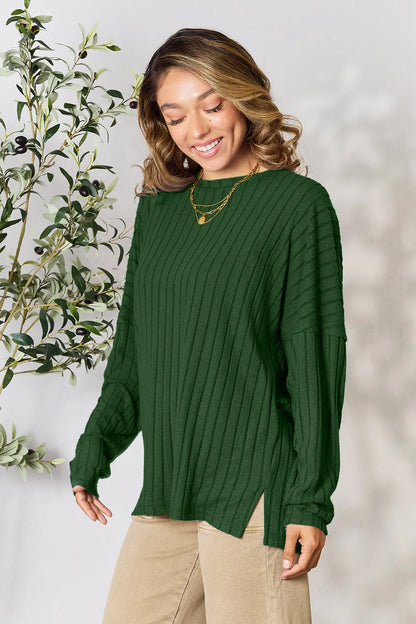 Sarah Express Women's Ribbed Round Neck Slit Knit Top Dark Green