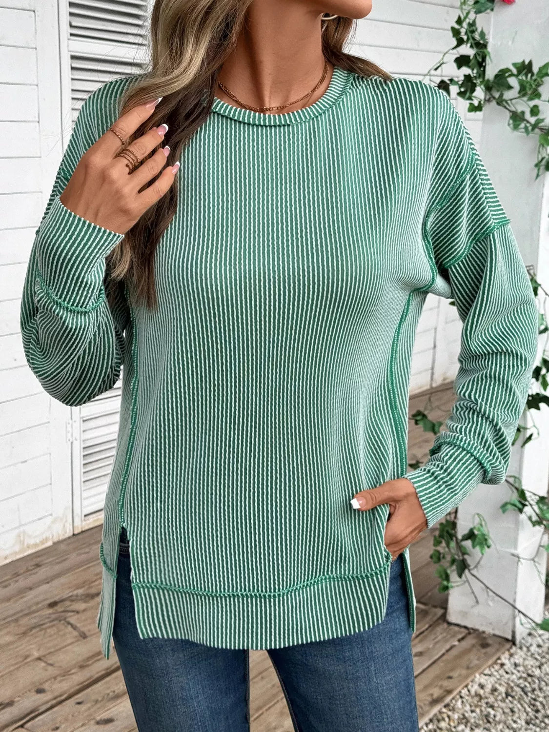 Sarah Express Women's Side Slit Round Neck Sweatshirt Green