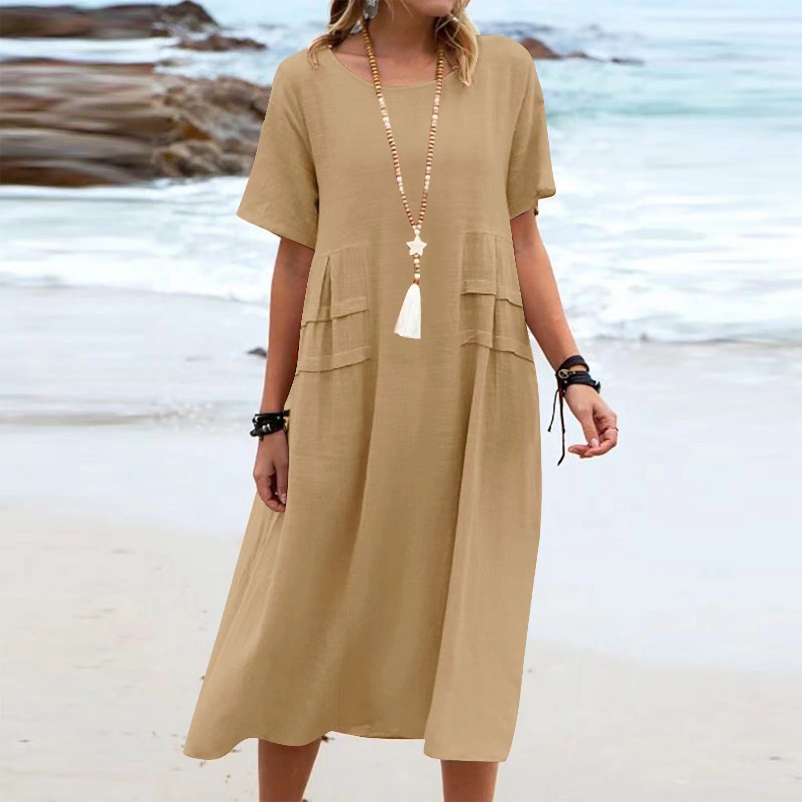 Sarah Express Women's Loose Casual Midi Dress Short Sleeve Summer Beach Cotton Linen Style