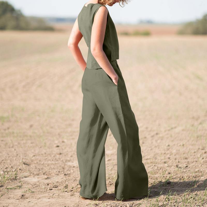 Sarah Express Cotton Linen Loose Two-Piece Set Top and Pants