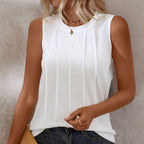 Sarah Express Round Neck Pleated Tank Top Sleeveless Loose Fit Button Detail