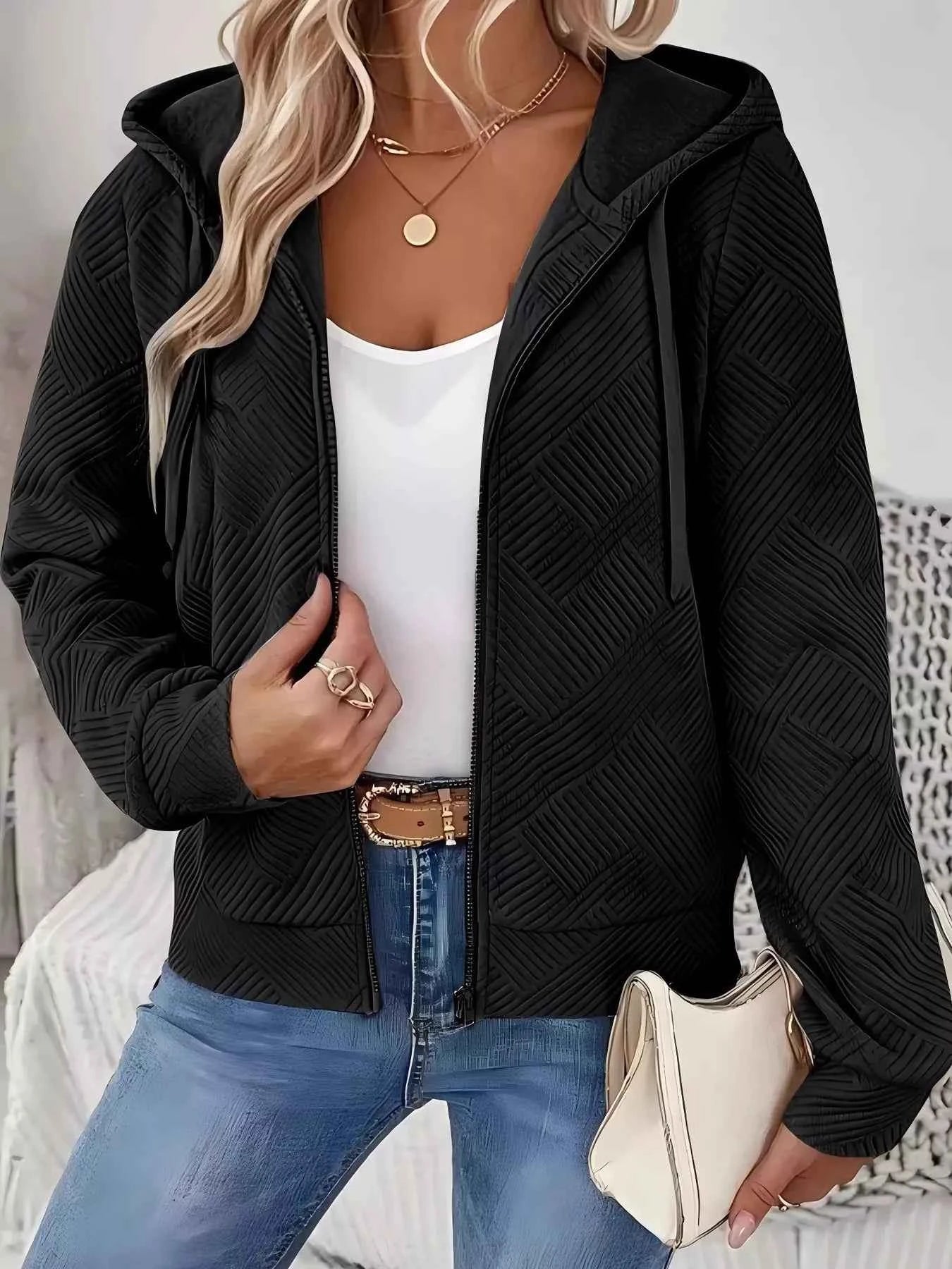 Sarah Express Women's Textured Zip-Up Hooded Jacket - Drawstring Hoodie Black