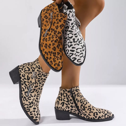 Sarah Express Women's Leopard Block Heel Ankle Boots
