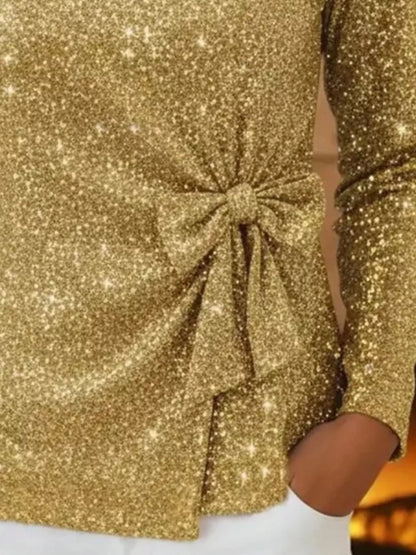 Sarah Express Women's Sequin Bow-Knot Long Sleeve Top - Plus Size Sparkle Blouse