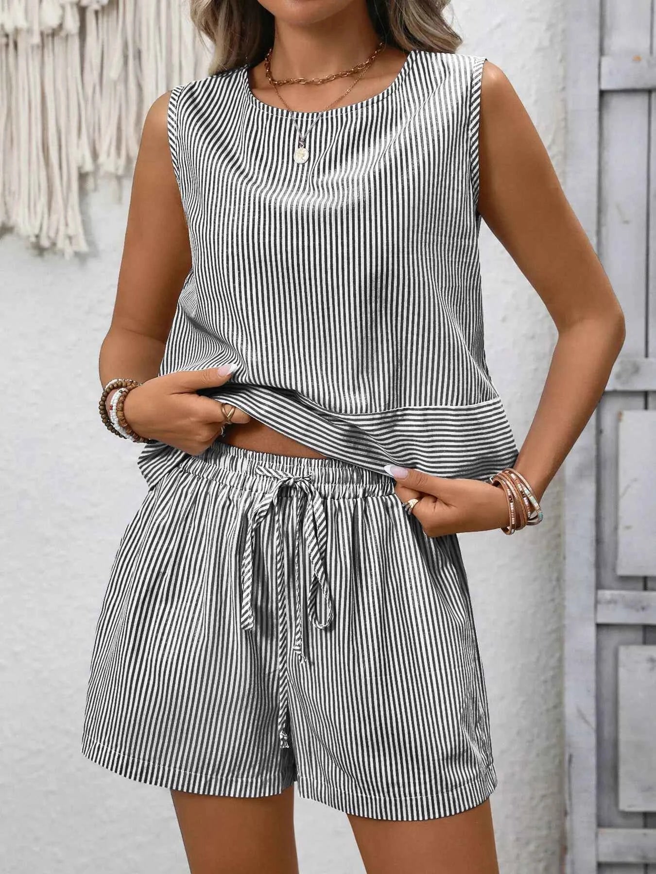 Sarah Express Women's Striped Sleeveless Top & Drawstring Shorts Set - Two Piece Summer Outfit