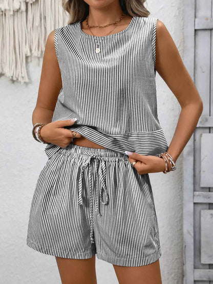 Sarah Express Women's Striped Sleeveless Top & Drawstring Shorts Set - Two Piece Summer Outfit