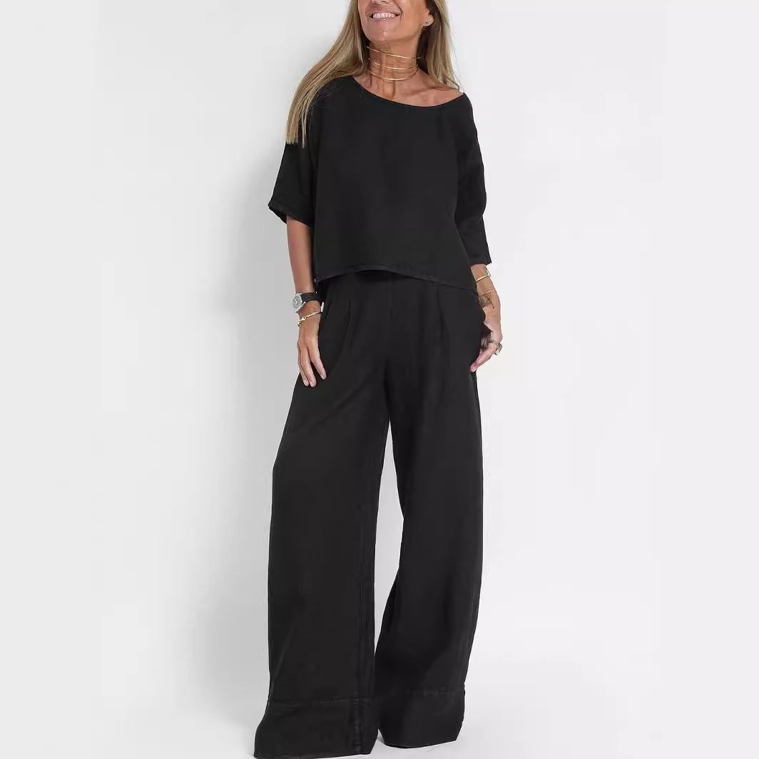Sarah Express Cotton Linen Two-Piece Pants Suit Cropped Sleeve Wide Leg Casual Set