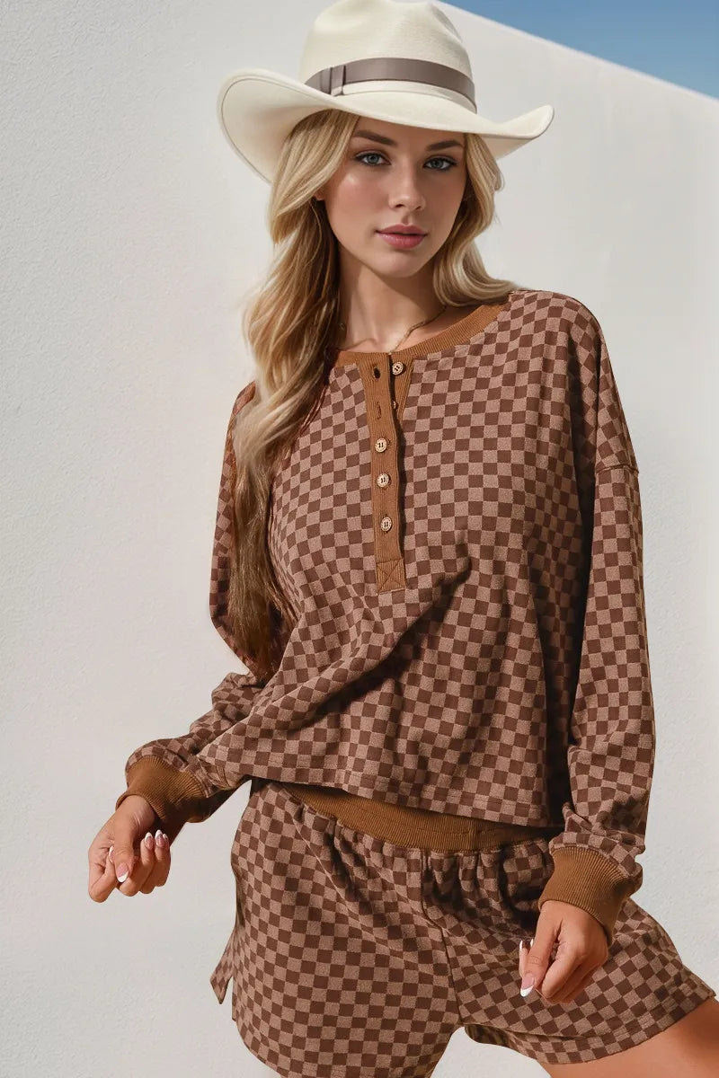 Sarah Express Women's Checkered Half Button Top and Shorts Set - Two-Piece Summer Casual Co-Ord