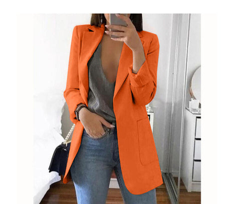 Sarah Express Women's Lapel Blazer Cardigan Slim Fit Long Sleeve - Work Office Professional Medium Length