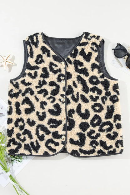 Sarah Express Women's Leopard Button Up Vest Coat