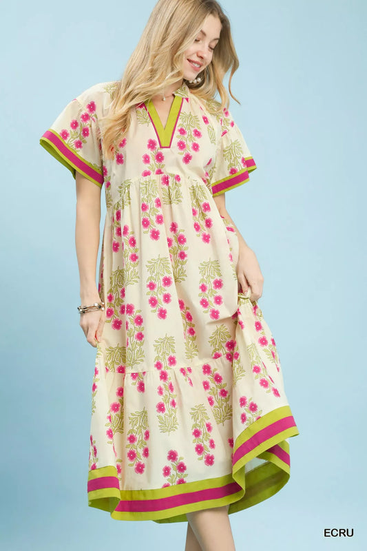 Sarah Express Women's Floral Border Tiered Midi Dress ECRU