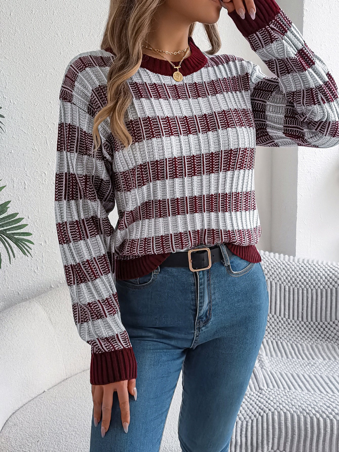Sarah Express Women's Retro Striped Sweater with Lantern Sleeves - Round Neck Pullover