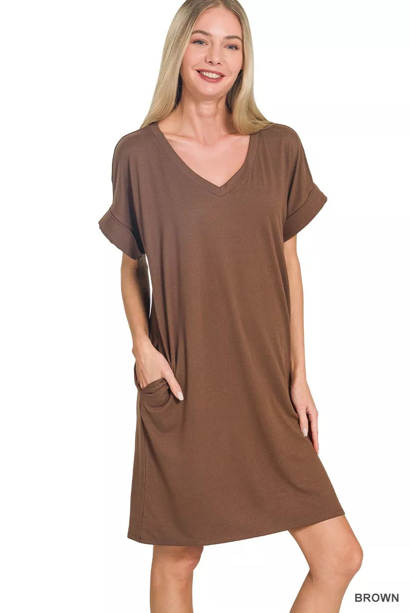 Sarah Express Women's Brushed DTY Rolled Short Sleeve V-Neck Dress - Soft Casual Everyday Dress BROWN