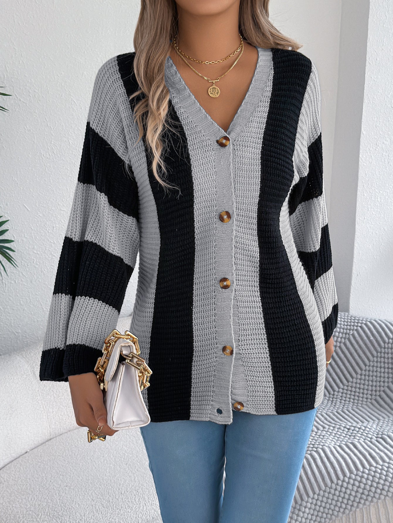 Sarah Express Women's Color Block Stripe Cardigan Sweater with Bell Sleeves - Long Sleeve Knit Coat