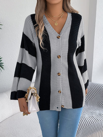 Sarah Express Women's Color Block Stripe Cardigan Sweater with Bell Sleeves - Long Sleeve Knit Coat