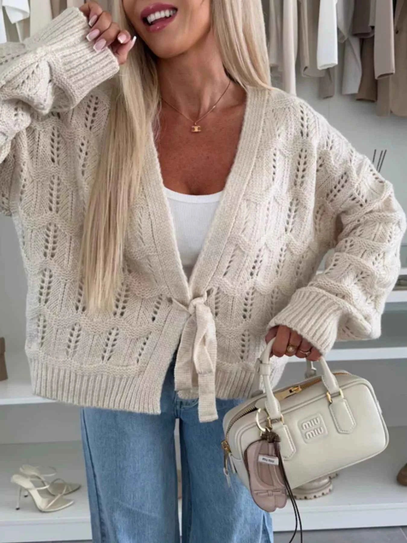 Sarah Express Women's Tie-Front Openwork Cardigan - Lightweight Knit Sweater