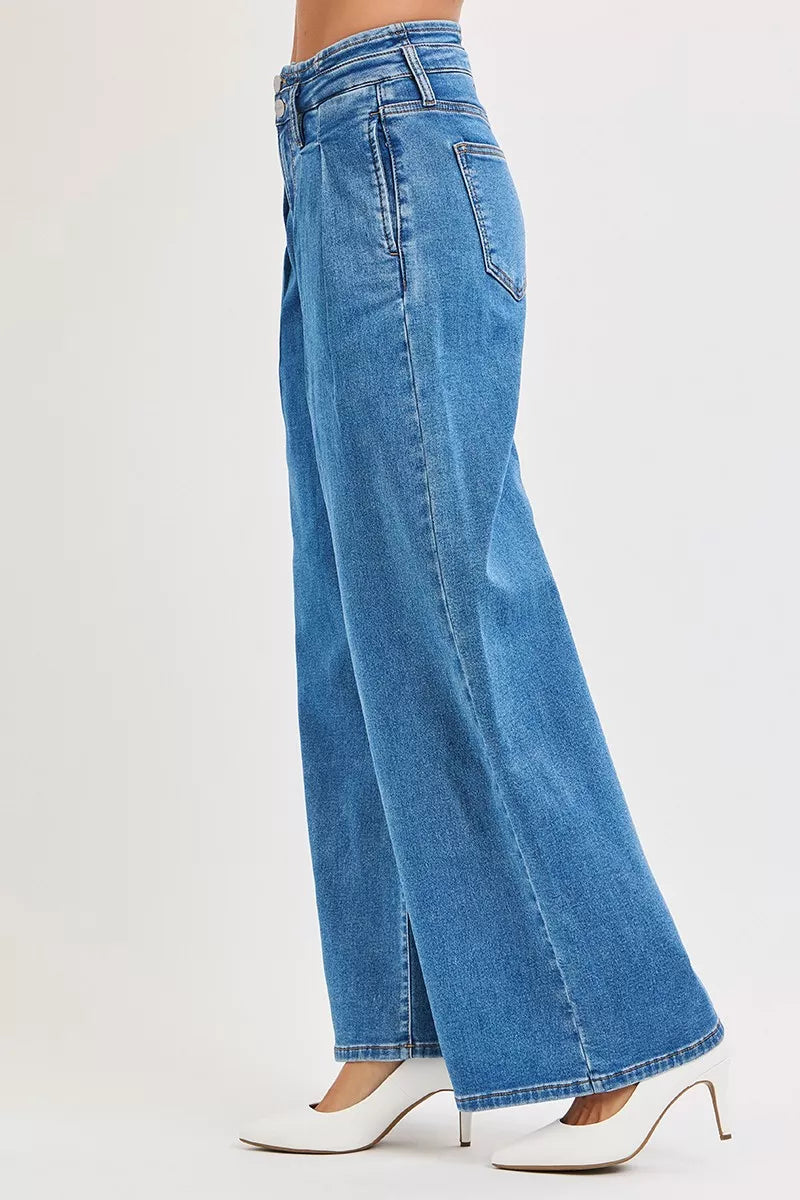 Sarah Express Women’s Plus Size Mid Rise Wide Leg Jeans with Pleated Detail
