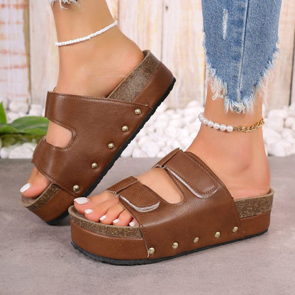 Sarah Express Womens Beach Shoes With Thick Soles Rivets Velcro Straps And Round Toes Brown