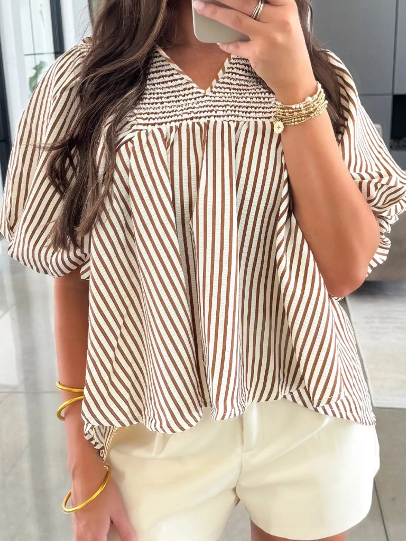 Sarah Express Women's Striped V-Neck Puff Sleeve Blouse