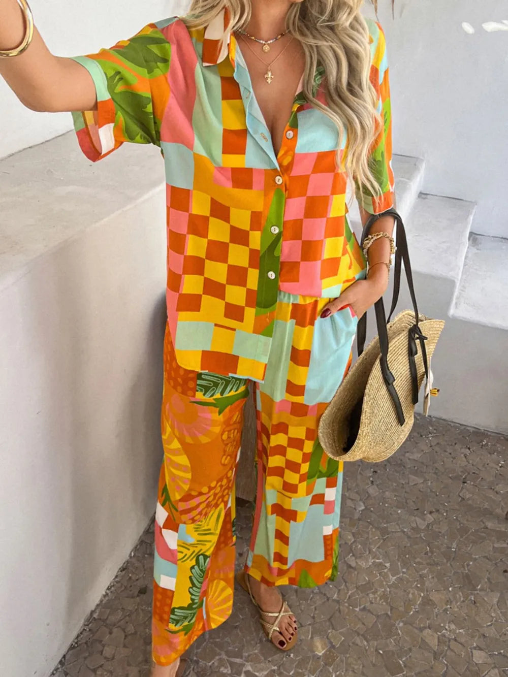 Sarah Express Women's Devine Printed Button Down Shirt and Pants Set Tangerine