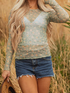 Sarah Express Women's Floral Print Mesh Long Sleeve Top