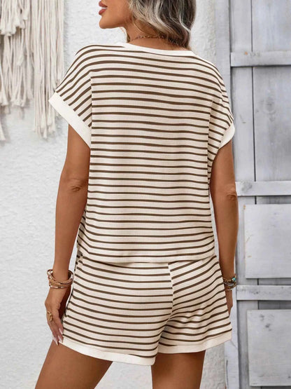 Sarah Express Women's Striped Round Neck Top and Shorts Set - Casual Two Piece Outfit