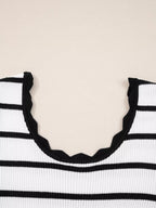 Sarah Express Women's Scalloped Trim U Neck Striped Ribbed Slim Knit Top