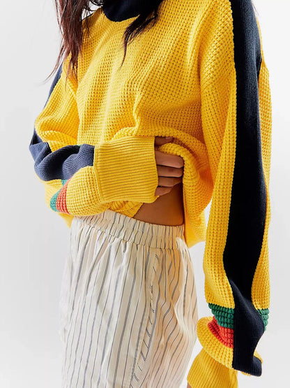 Sarah Express Women's Color Block Waffle Knit Sweater - Crew Neck Long Sleeve Pullover