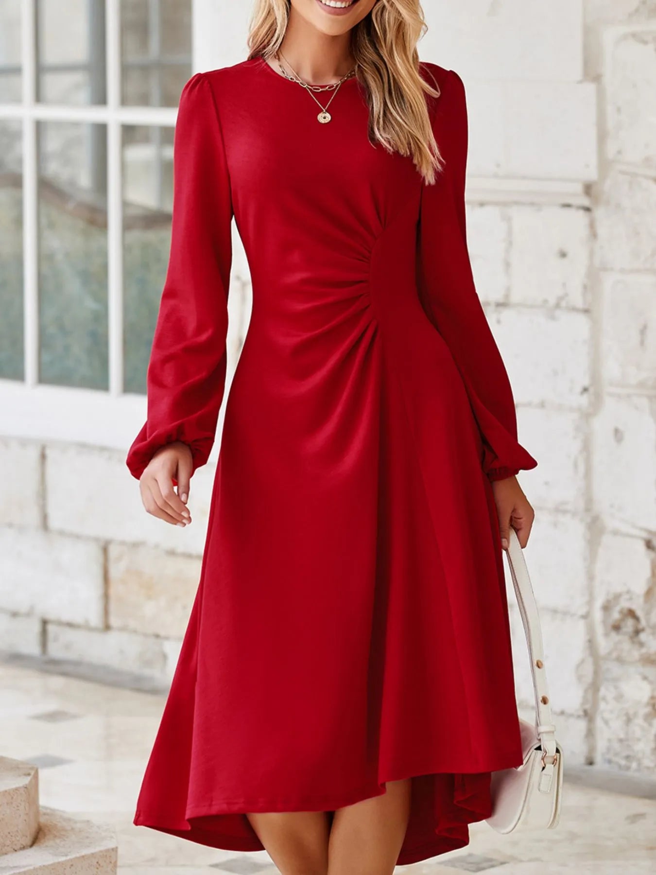 Sarah Express Women's Solid Color Ruched Detail Long Sleeve Midi Dress Deep Red