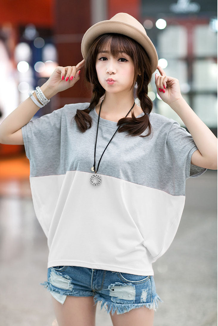 Sarah Express Women's Color Block Batwing Sleeve Top Short Sleeve Casual Loose Fit Shirt