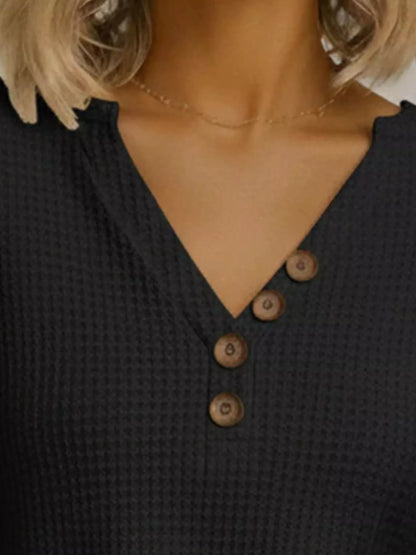 Sarah Express Women's Casual Waffle Knit V-Neck Long Sleeve T-Shirt