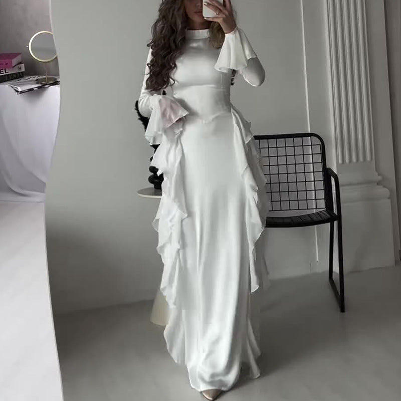 Sarah Express Women's High Waist Flared Sleeve Maxi Dress Round Neck Elegant Patchwork